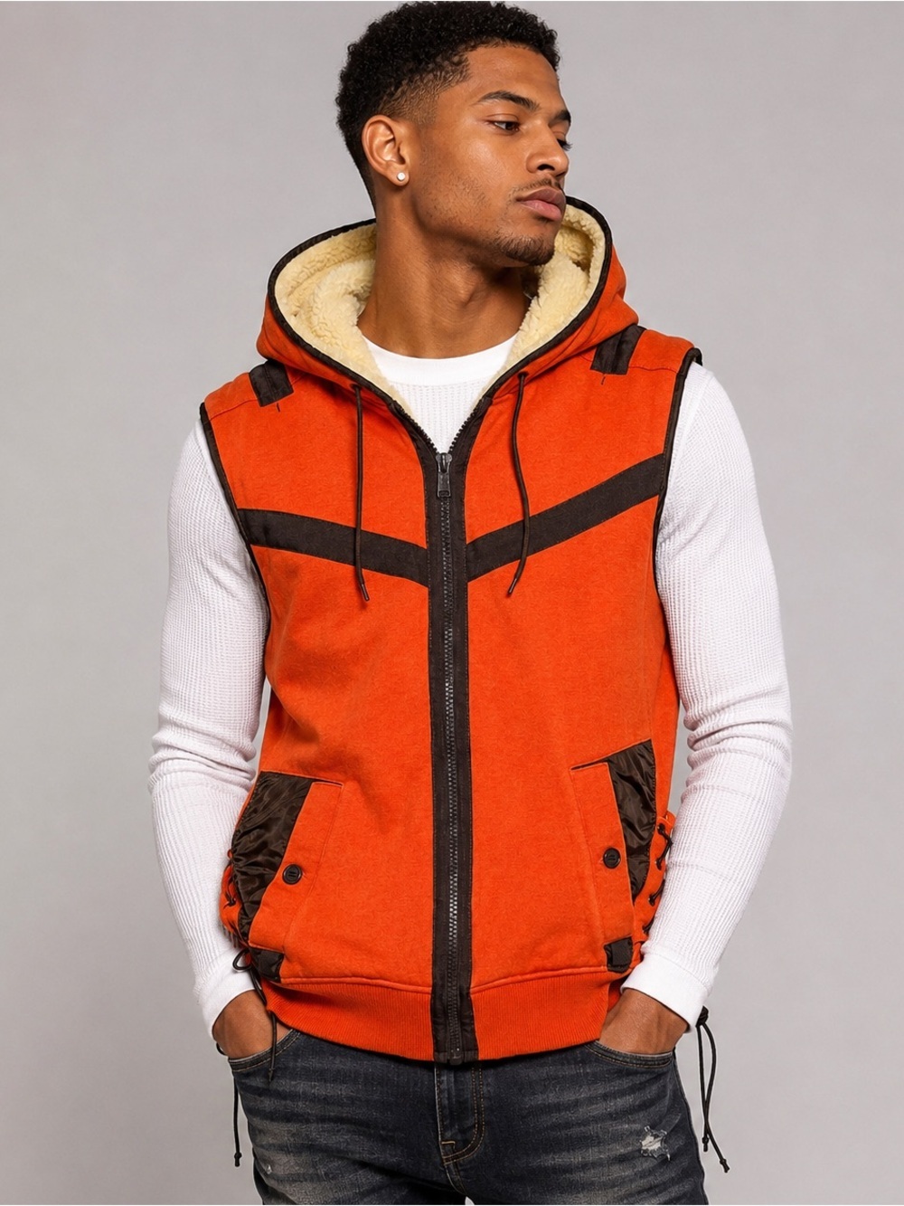 Sean John Hooded‎ Sherpa Lined Vest Orange Brown Men’s L Streetwear Fleece Zip